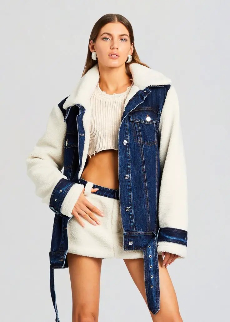 Sherpa-Lined Denim Jacket with Cropped Sweater and Shorts