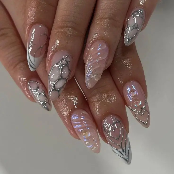 French Chrome Lace Nail Art: