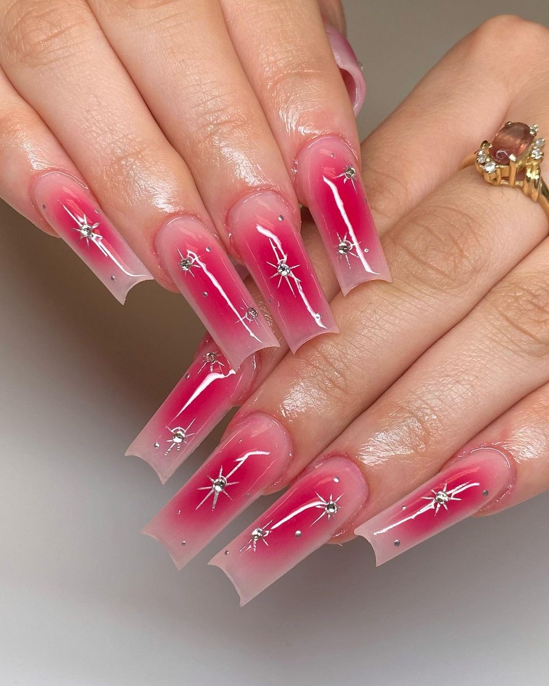 Ombre Pink with Embedded Stars on Coffin Nails