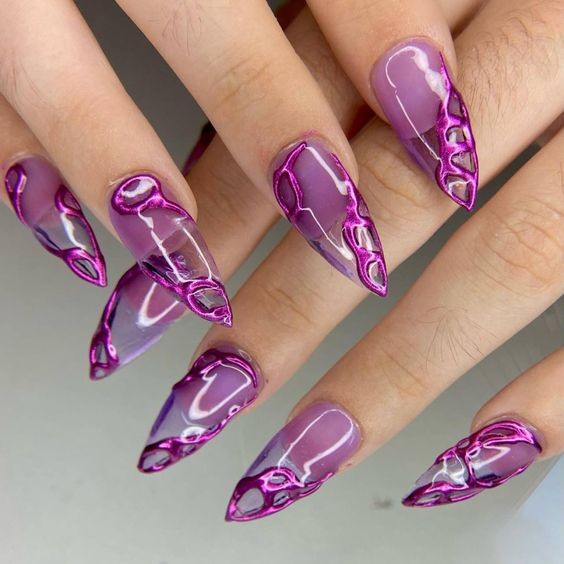 Geometric Purple Chrome Nail Art: