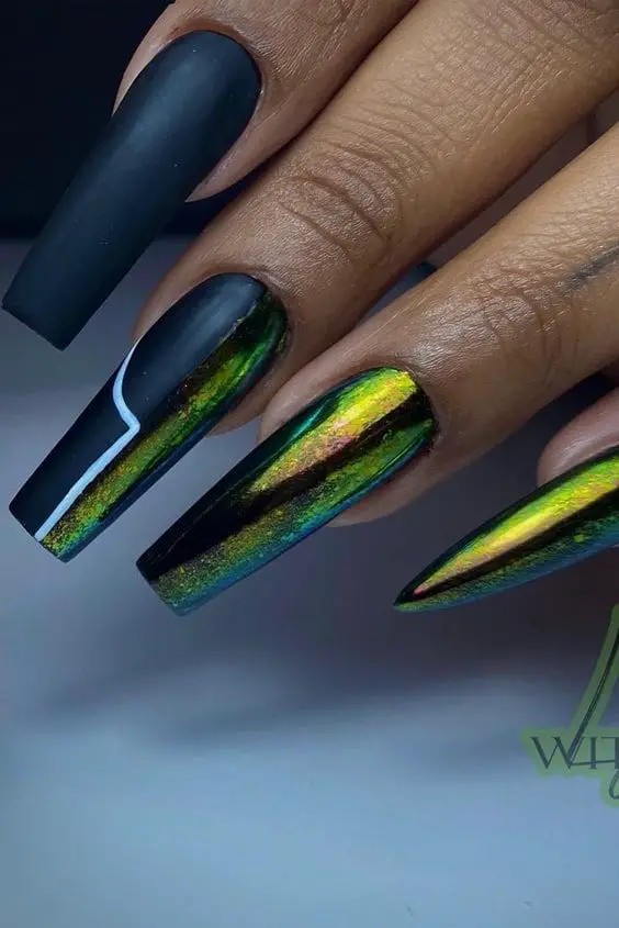 Matte Black Chrome Nails: