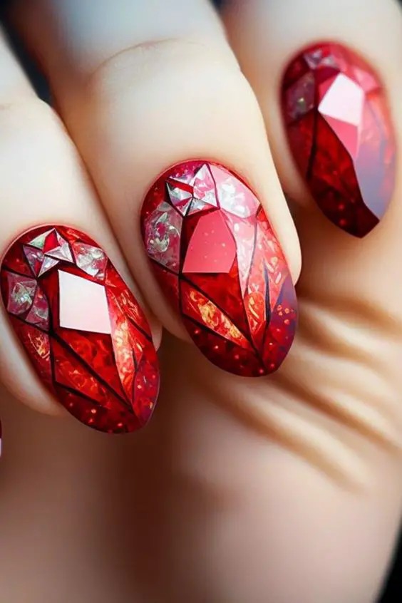 Geometric Red Chrome Nail Art: