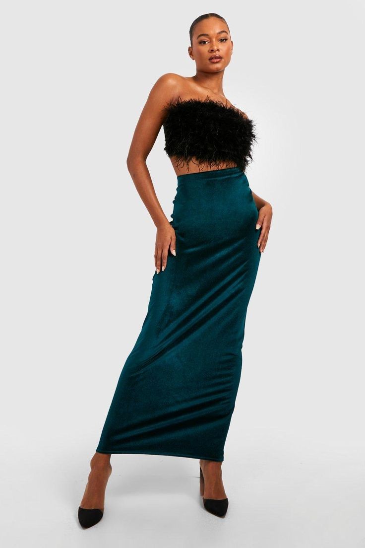 Velvet Maxi Skirt with Fur Accents