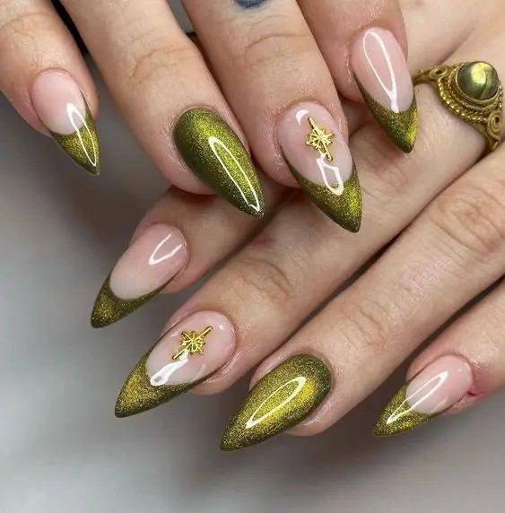 Green Chrome Almond Nails