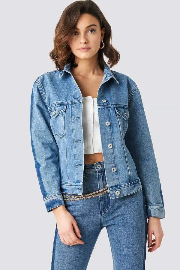 Light Blue Denim Jacket with White Crop Top