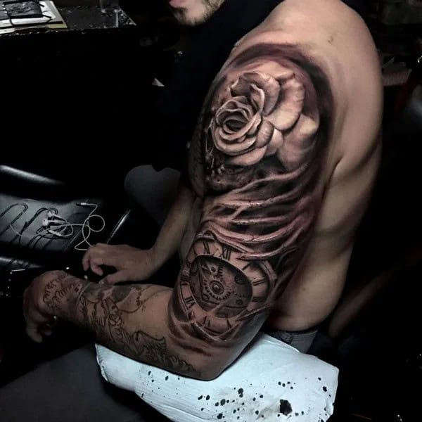 Clock and Rose Sleeve Tattoo