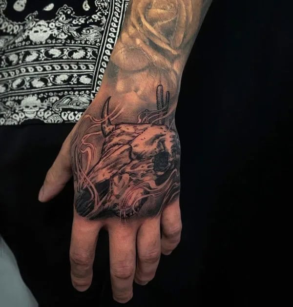 Bull Skull Hand Tattoo