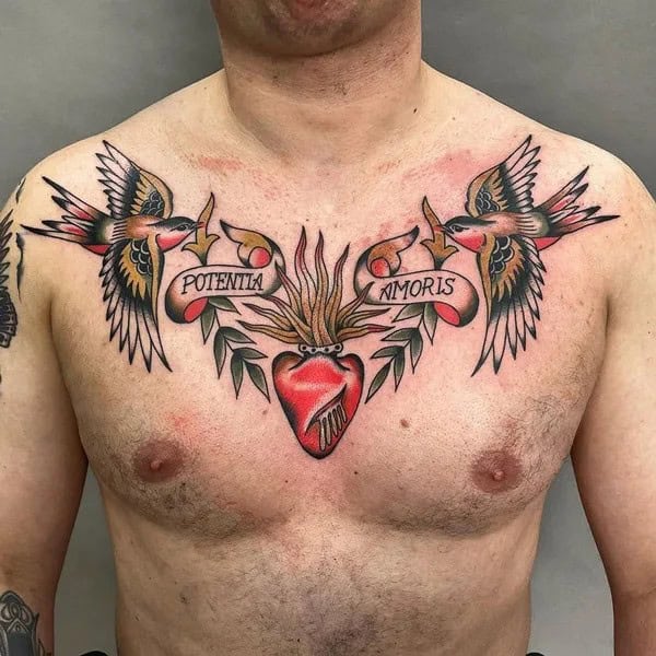 Sacred Heart Chest Tattoo