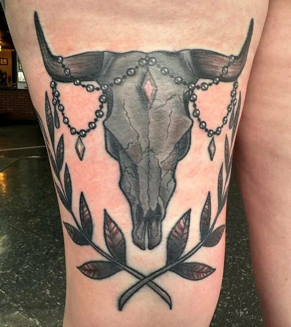 Bull Skull Thigh Tattoo