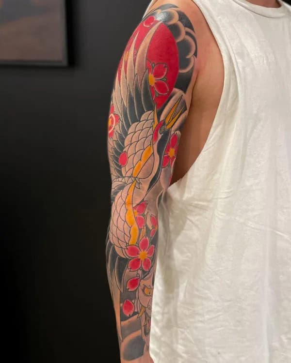 Japanese Crane Tattoo On Sleeve