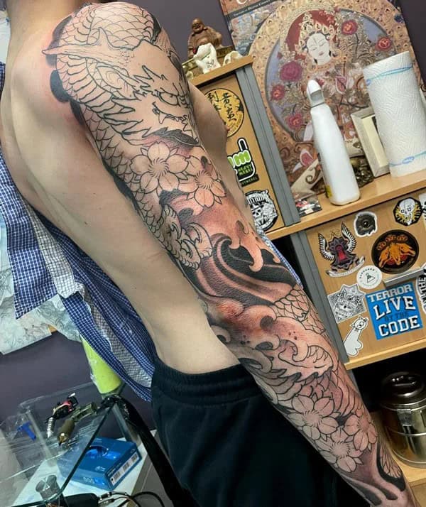 Black and Gray Dragon Sleeve Tattoo