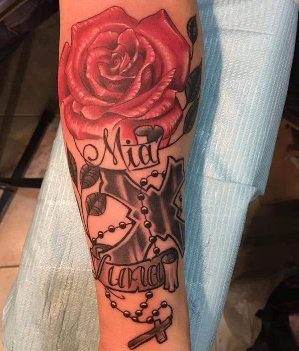 Rose With Rosary Tattoo