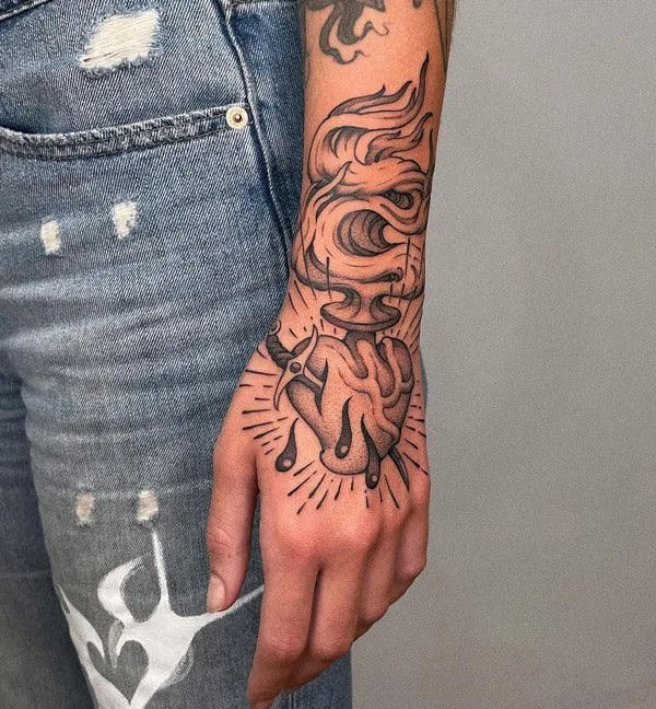 Sacred Heart Hand Tattoo