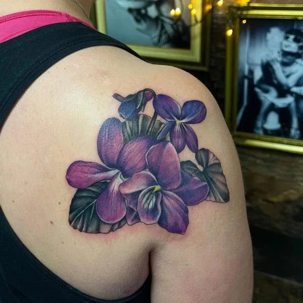 February Birth Flower Shoulder Tattoo