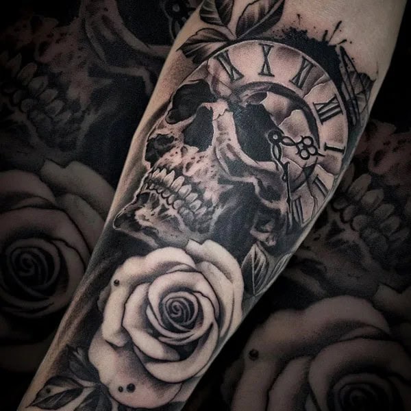 Skull Clock Tattoo with Roses