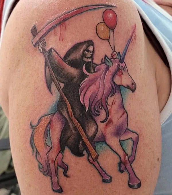 Grim Reaper on Unicorn Tattoo