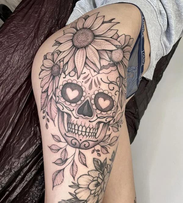 Sugar Skull Thigh Tattoo