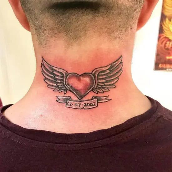 Wings Heart Tattoo on Neck