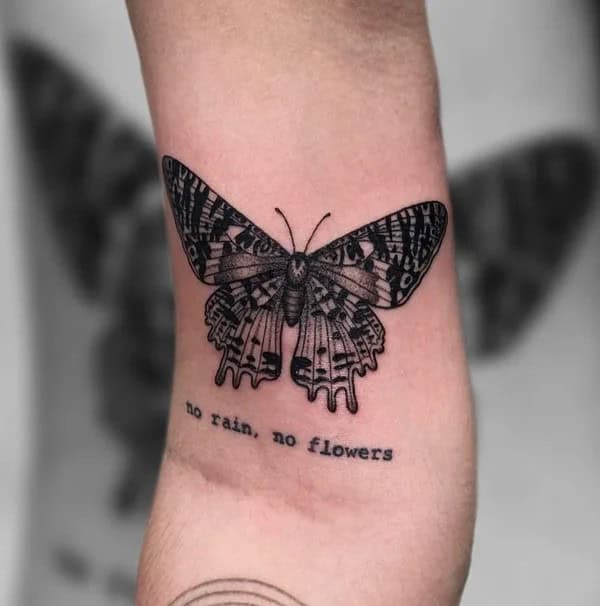 Unusual “No Rain No Flowers” Tattoo with Butterflies