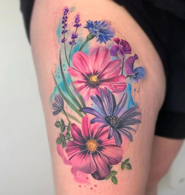 Cosmos Flower Thigh Tattoo