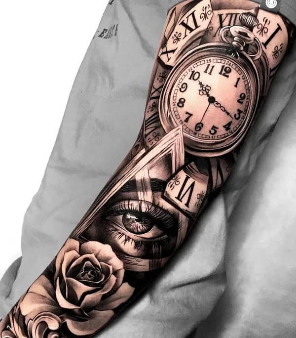 Clock and Rose Sleeve Tattoo