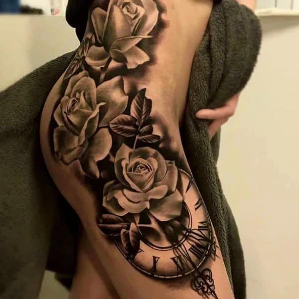 Clock and Rose Tattoo on Thigh