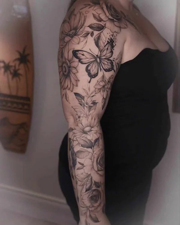 Flower and Butterfly Sleeve Tattoo