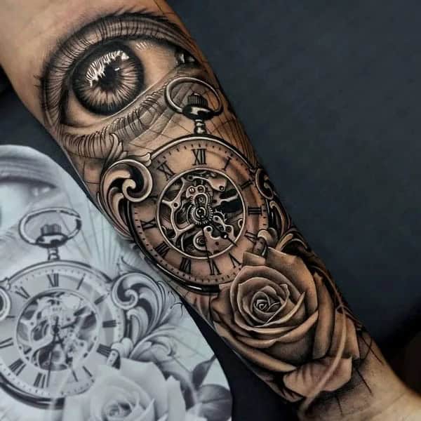 Eye Clock and Rose Tattoo