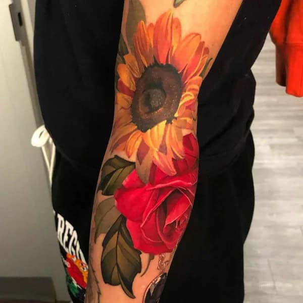 Sunflower and Rose Tattoo