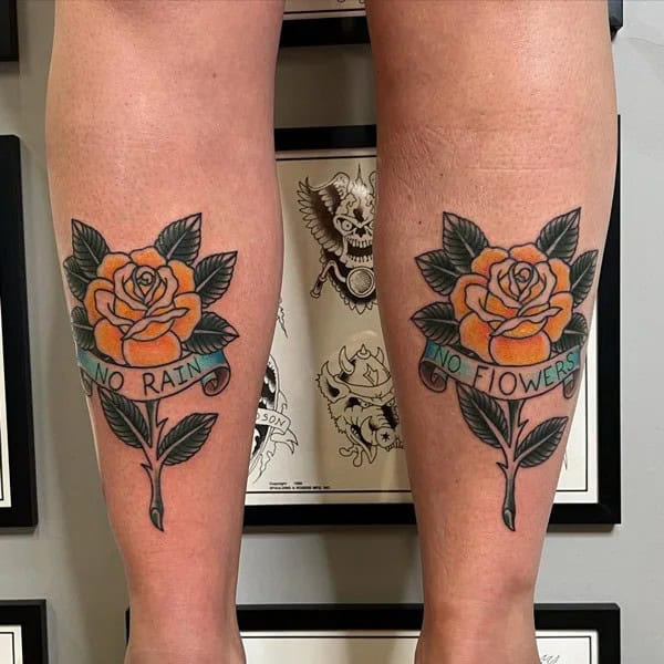 “No Rain No Flowers” Tattoo on Legs