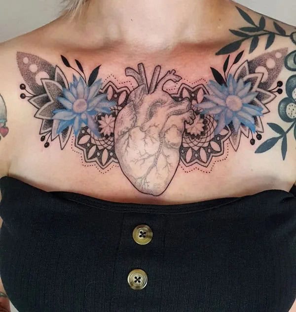 Anatomical Heart Tattoo On Chest