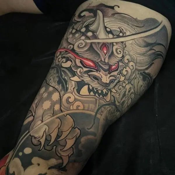 Foo Dog Thigh Tattoo