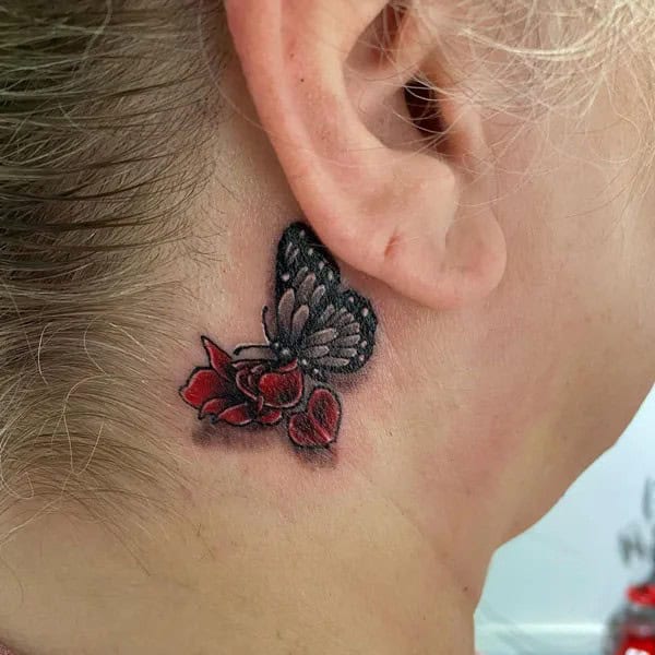 Half Rose Butterfly Tattoo Behind The Ear