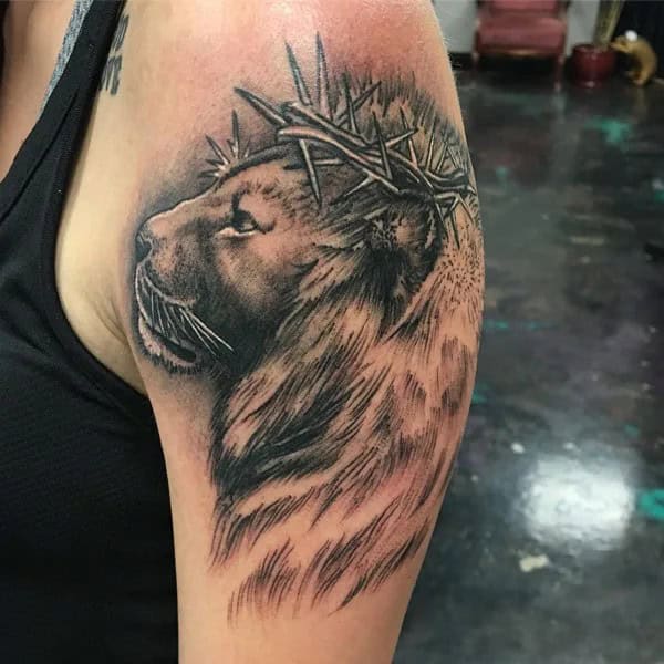 Lion with Crown of Thorns Tattoo