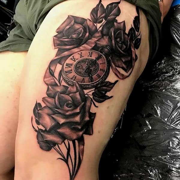 Clock and Rose Tattoo on Thigh