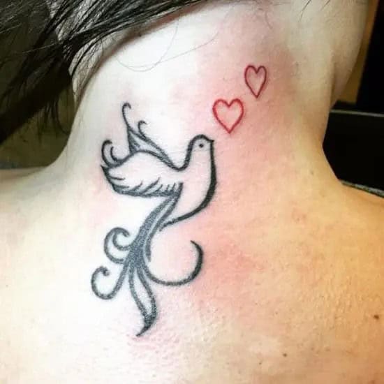 Heart Tattoo with Bird on Neck