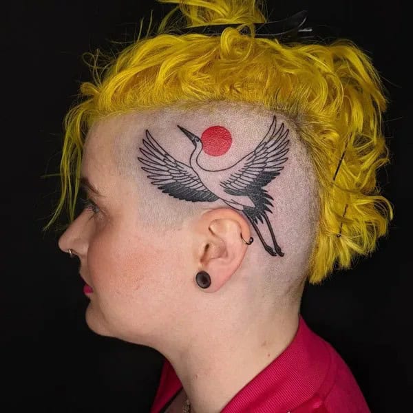 Japanese Crane Tattoo On Head