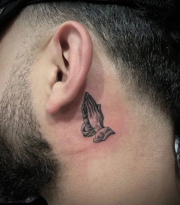 Praying Hands Tattoo Behind the Ear