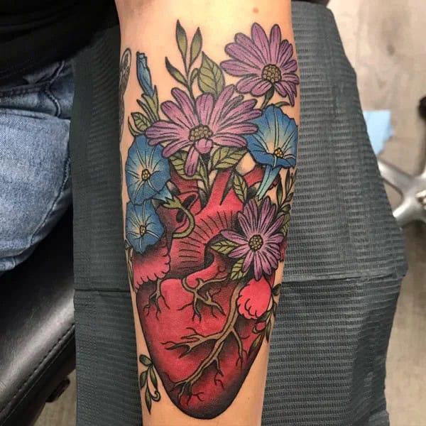 September Birth Flower on Anatomical Heart Tattoo