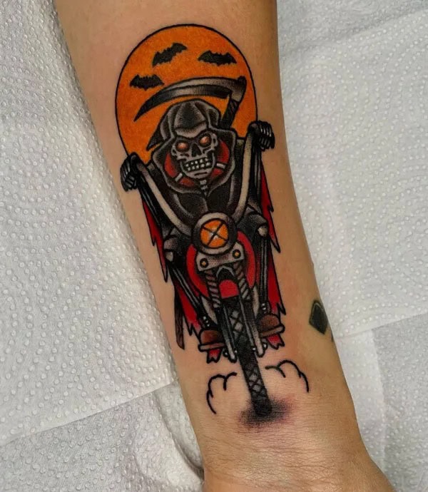 Skeleton Riding Motorcycle Tattoo