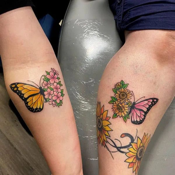 Half butterfly half flower couple tattoo