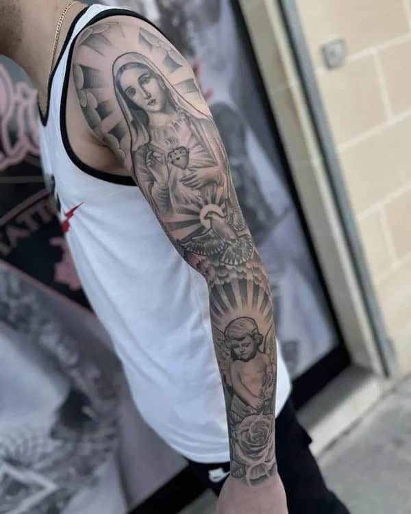 Virgin Mary Sleeve Tattoo