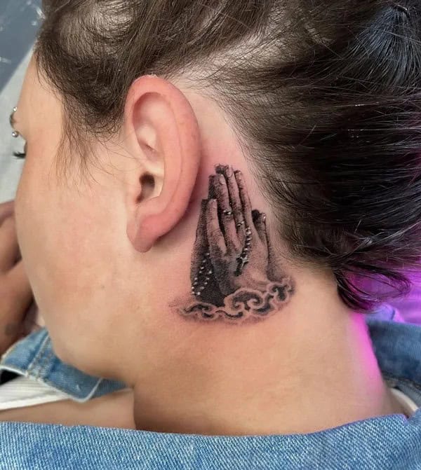 Praying Hands Tattoo Behind the Ear