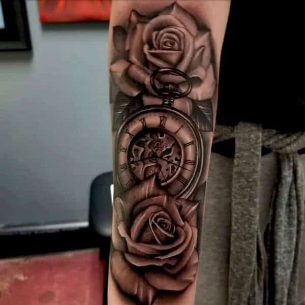 Clock and Rose Tattoo on Forearm