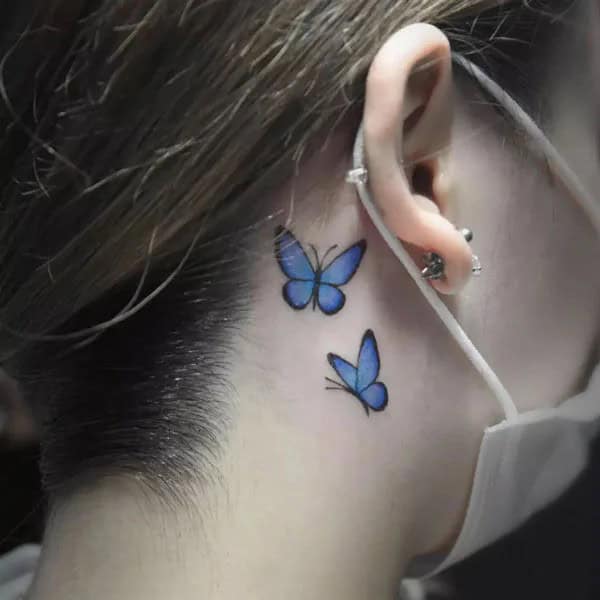 Blue Butterfly Tattoo Behind The Ear