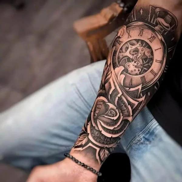 Money Rose and Clock Tattoo