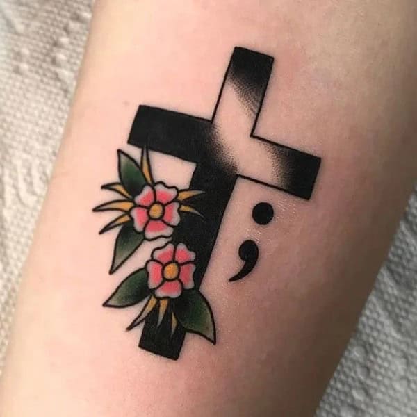 Semicolon Tattoo with Cross