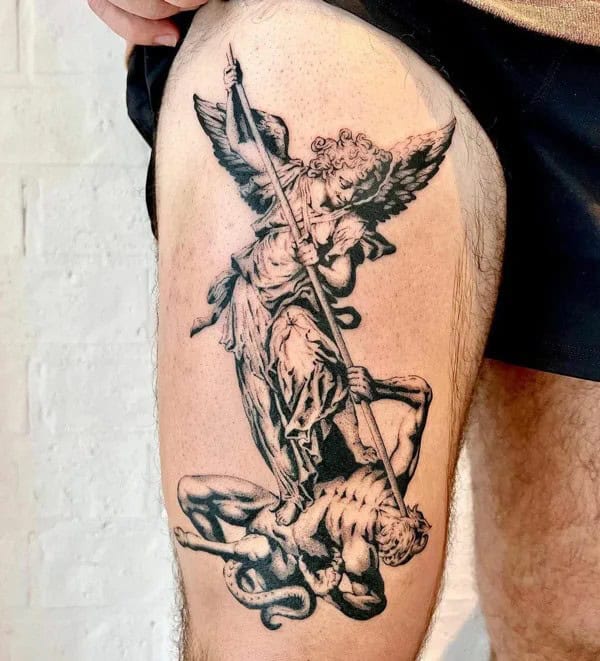 St Michael Thigh Tattoo