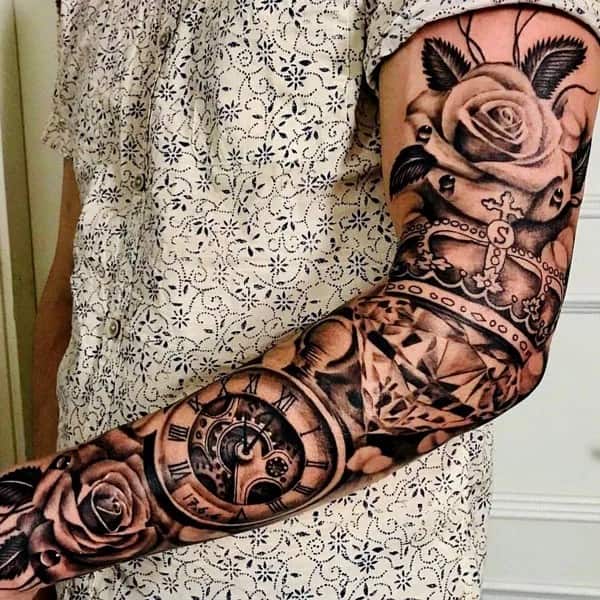 Clock and Rose Sleeve Tattoo