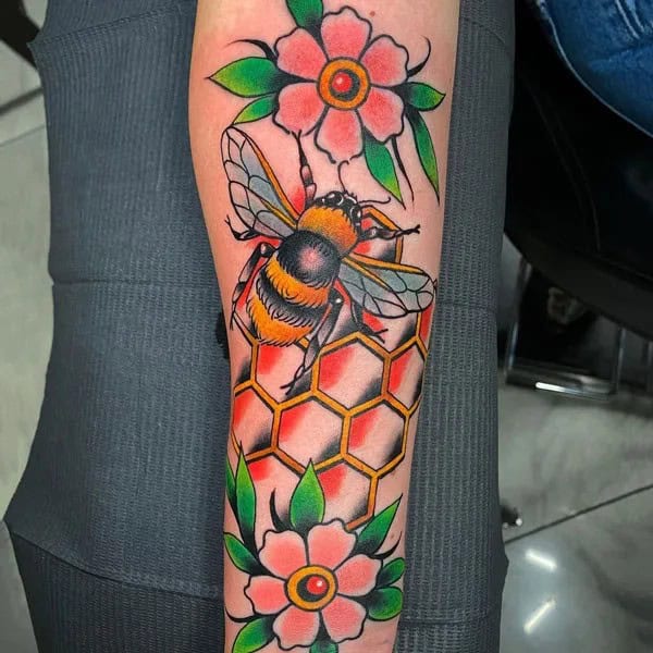 Flower and Bee Tattoo